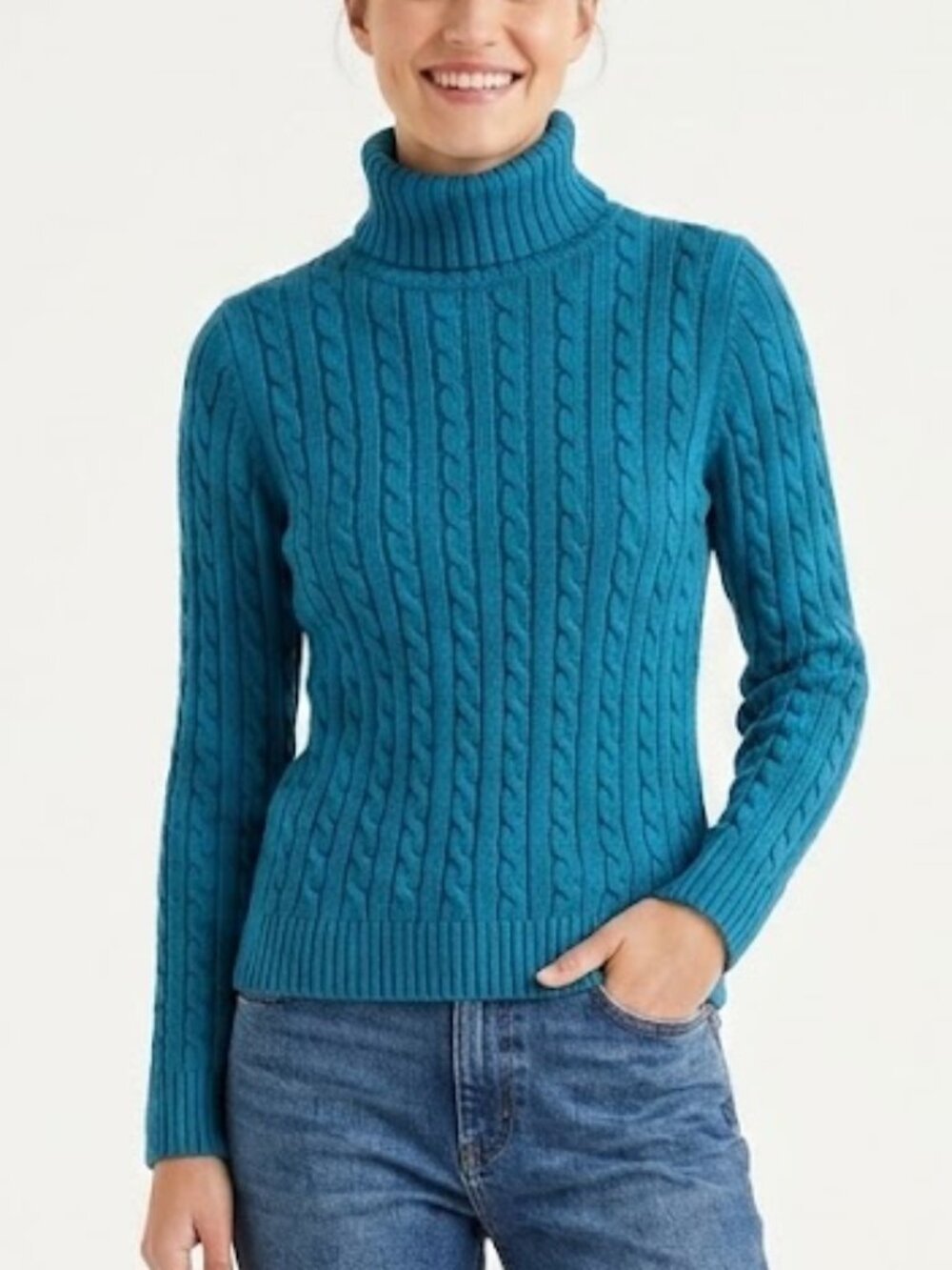 L.L.Bean Cable Knit Turtleneck Sweater Blue 100% Cotton Size M
